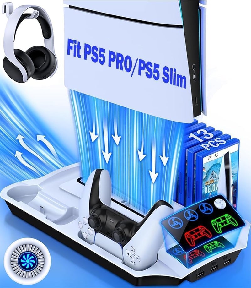 Svetaecho PS5 Slim Stand and Turbo Cooling Station with Controllers Charger Station for Playstation 5, PS5 Pro Console Accessories with 3 Levels Cooling Fan 13-Game Organizer Headset Holder for PS5 Digital/Disc - Image 1